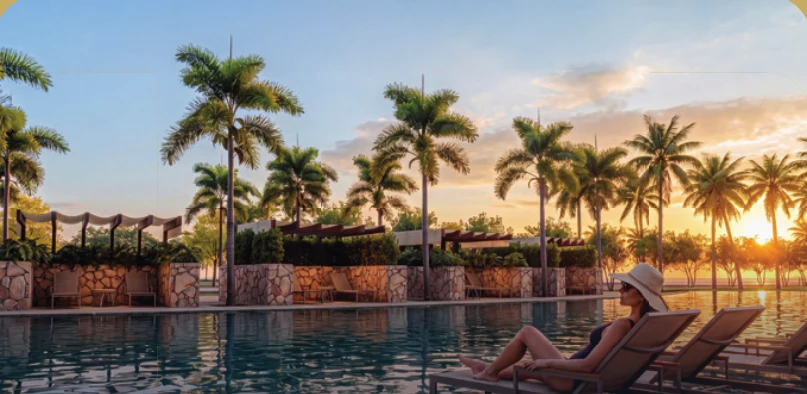 Perspectiva das piscinas do Village Club