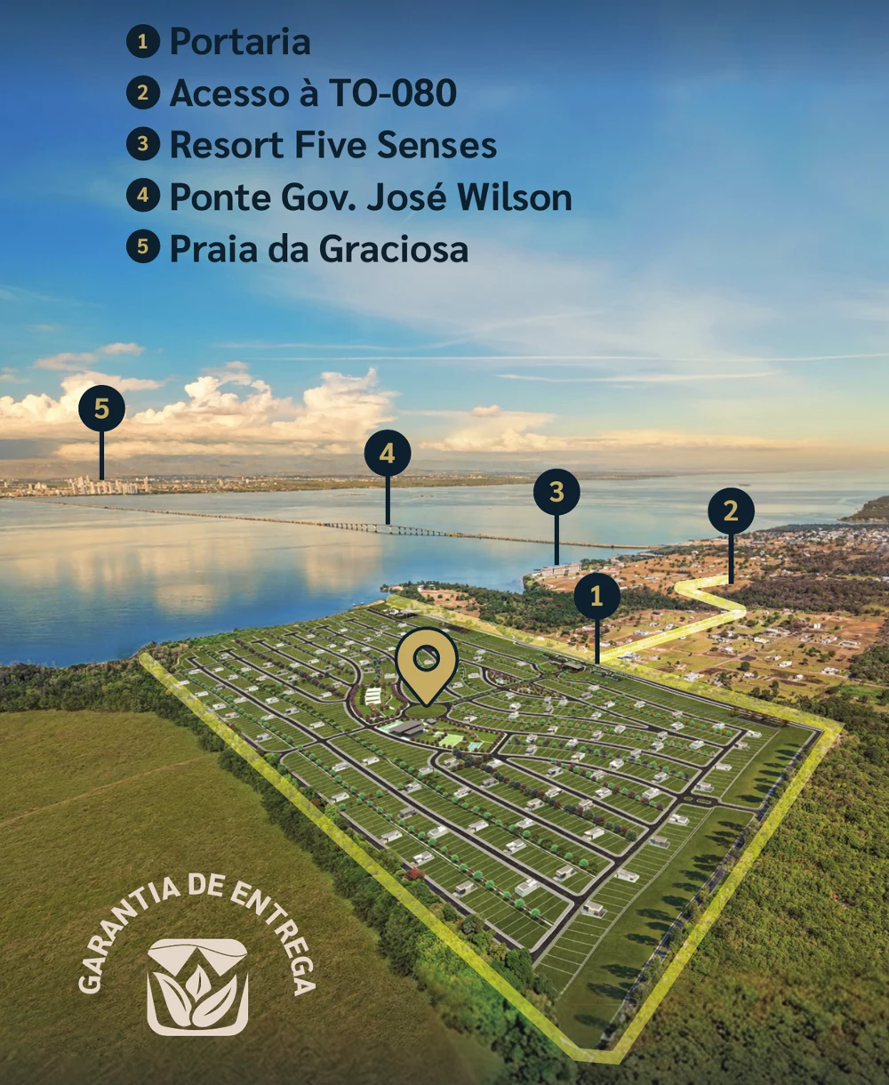 Localização ilustrativa próxima à TO-080, Five Senses Resort e Lago de Palmas